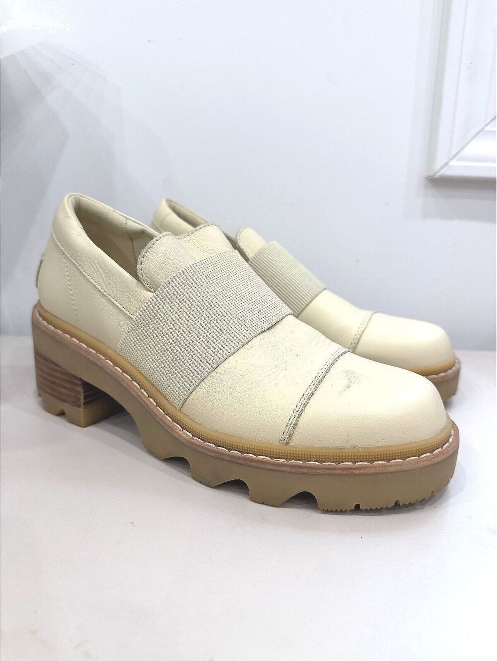 Sorel Women's Joan Now Loafer Cream Leather Slip-On Shoes with Chunky Sole 7.5